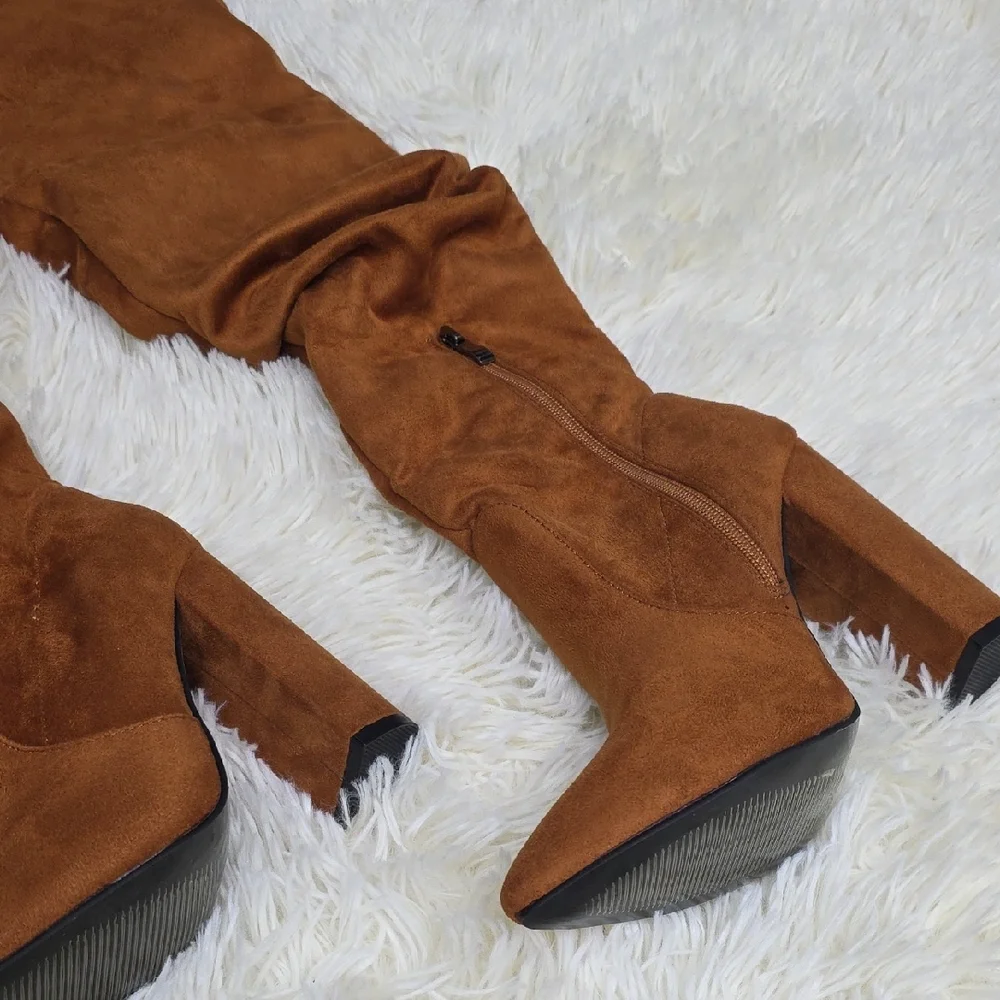 Brown Suede Knee-High Boots